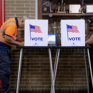 Two people vote at a polling booths